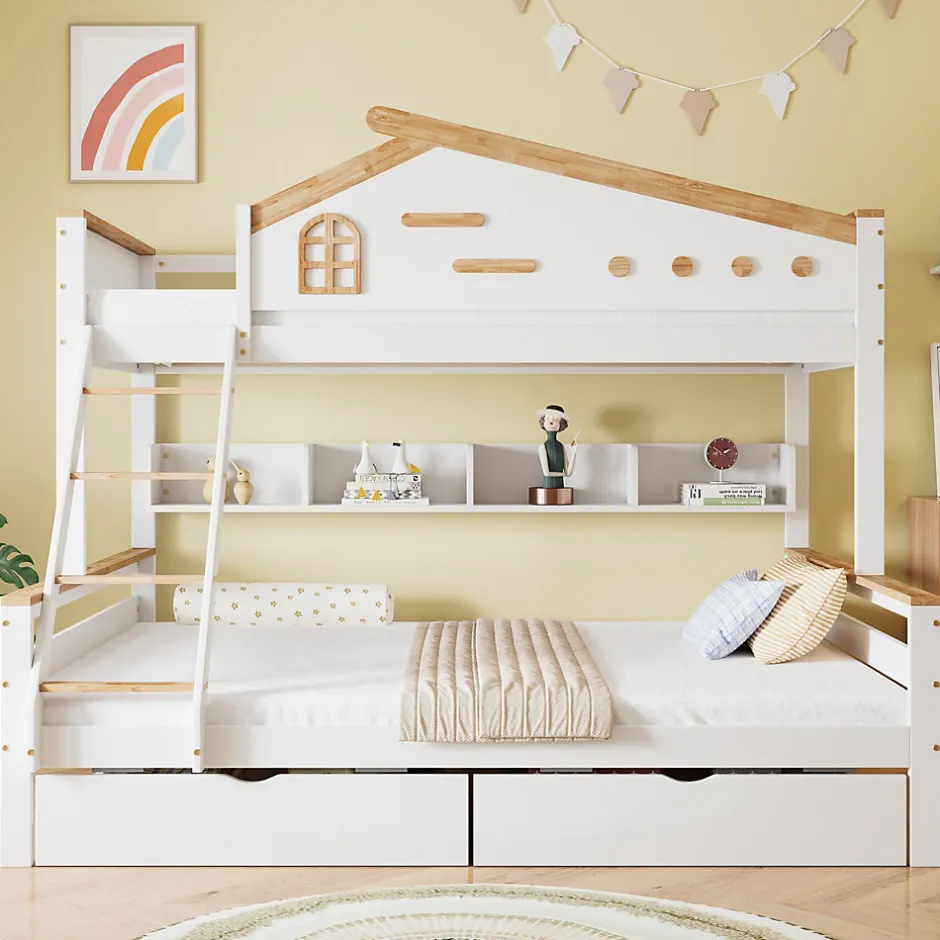 Enfant Okwish Lit superposé 90x200 et 140x200 cm enfant, 2 tiroirs, échelle et fenêtre, bois pin et MDF blanc et naturel sans matelas