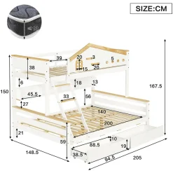 Enfant Okwish Lit superposé 90x200 et 140x200 cm enfant, 2 tiroirs, échelle et fenêtre, bois pin et MDF blanc et naturel sans matelas