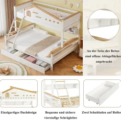 Enfant Okwish Lit superposé 90x200 et 140x200 cm enfant, 2 tiroirs, échelle et fenêtre, bois pin et MDF blanc et naturel sans matelas