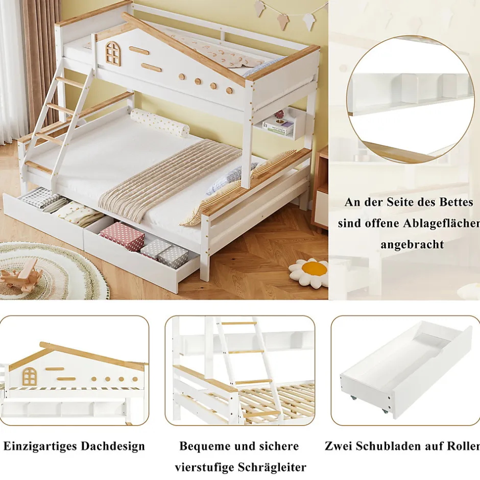 Enfant Okwish Lit superposé 90x200 et 140x200 cm enfant, 2 tiroirs, échelle et fenêtre, bois pin et MDF blanc et naturel sans matelas
