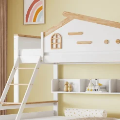 Enfant Okwish Lit superposé 90x200 et 140x200 cm enfant, 2 tiroirs, échelle et fenêtre, bois pin et MDF blanc et naturel sans matelas