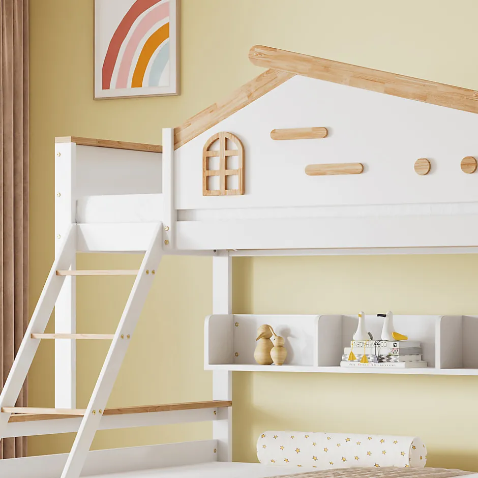 Enfant Okwish Lit superposé 90x200 et 140x200 cm enfant, 2 tiroirs, échelle et fenêtre, bois pin et MDF blanc et naturel sans matelas