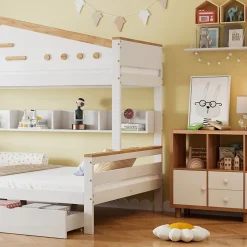 Enfant Okwish Lit superposé 90x200 et 140x200 cm enfant, 2 tiroirs, échelle et fenêtre, bois pin et MDF blanc et naturel sans matelas