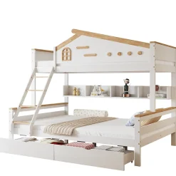 Enfant Okwish Lit superposé 90x200 et 140x200 cm enfant, 2 tiroirs, échelle et fenêtre, bois pin et MDF blanc et naturel sans matelas
