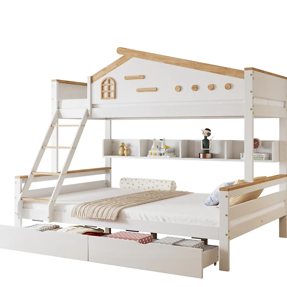 Enfant Okwish Lit superposé 90x200 et 140x200 cm enfant, 2 tiroirs, échelle et fenêtre, bois pin et MDF blanc et naturel sans matelas