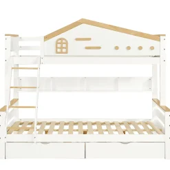 ProximaX Lit superposé 90x200 et 140x200 cm en pin et MDF blanc avec barrières, 2 tiroirs, échelle 4 marches et étagères ouvertes Discount