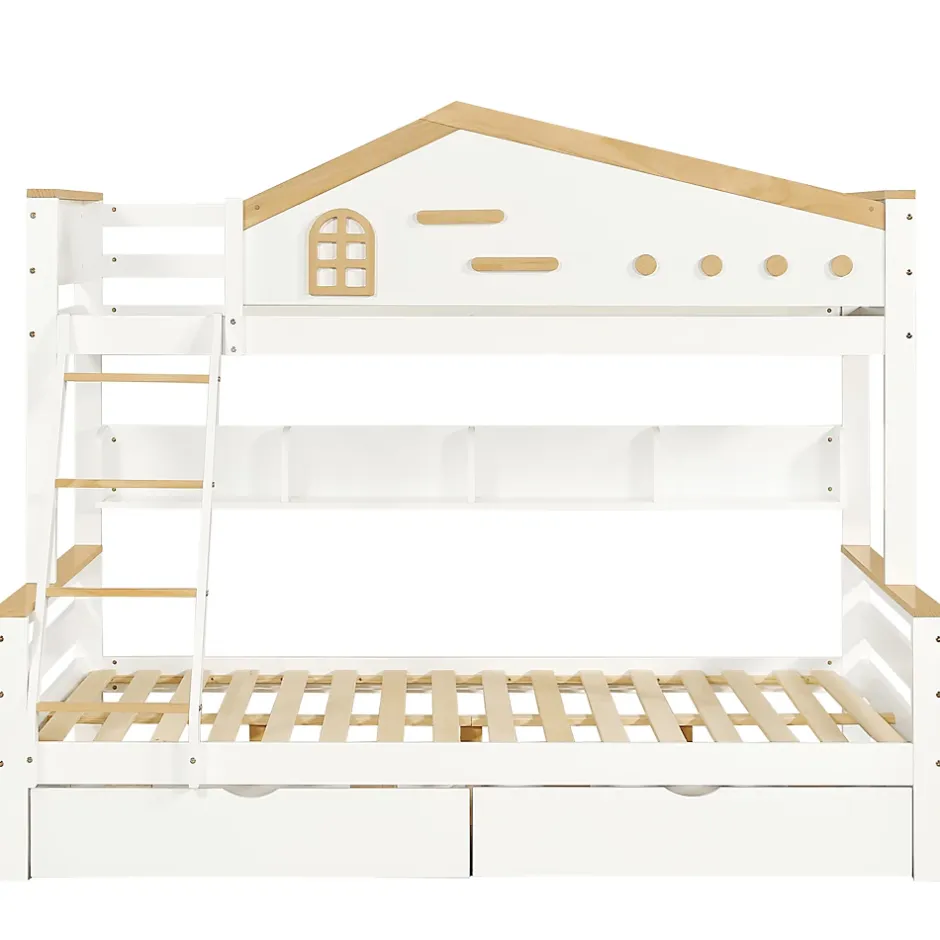 ProximaX Lit superposé 90x200 et 140x200 cm en pin et MDF blanc avec barrières, 2 tiroirs, échelle 4 marches et étagères ouvertes Discount