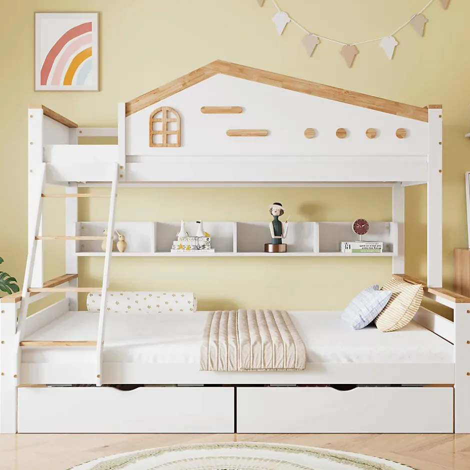 ProximaX Lit superposé 90x200 et 140x200 cm en pin et MDF blanc avec barrières, 2 tiroirs, échelle 4 marches et étagères ouvertes Discount