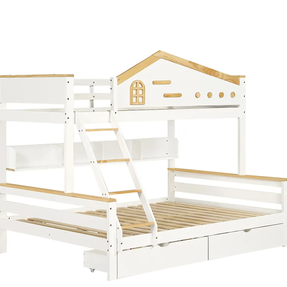 ProximaX Lit superposé 90x200 et 140x200 cm en pin et MDF blanc avec barrières, 2 tiroirs, échelle 4 marches et étagères ouvertes Discount