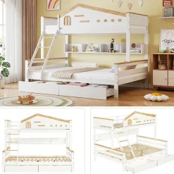 ProximaX Lit superposé 90x200 et 140x200 cm en pin et MDF blanc avec barrières, 2 tiroirs, échelle 4 marches et étagères ouvertes Discount