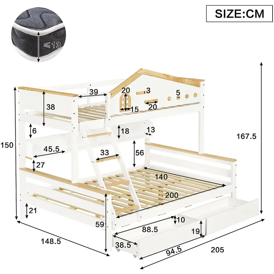 ProximaX Lit superposé 90x200 et 140x200 cm en pin et MDF blanc avec barrières, 2 tiroirs, échelle 4 marches et étagères ouvertes Discount