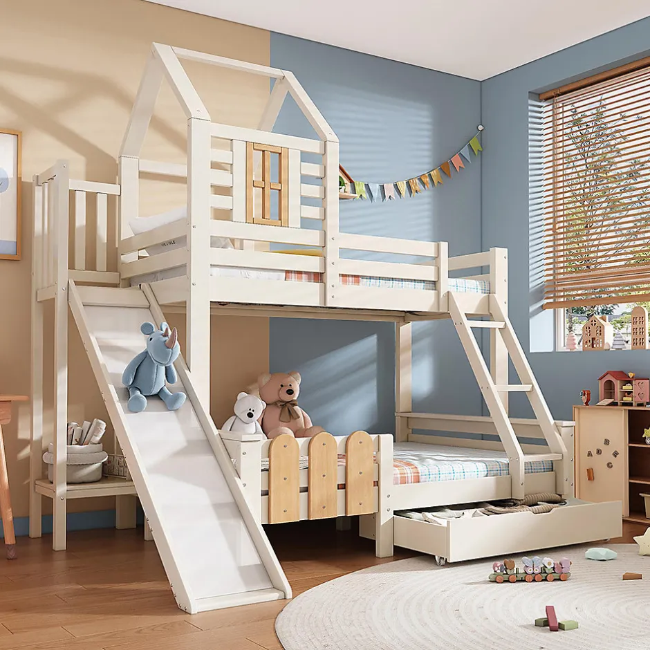 Enfant Blackcolors Lit superposé 90x200 et 140x200cm, lit mezzanine pour enfant avec tiroir, toboggan et échelle, design cabane