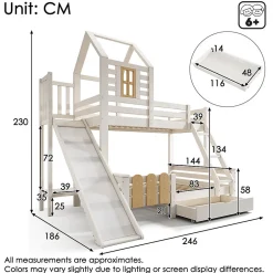 Enfant Blackcolors Lit superposé 90x200 et 140x200cm, lit mezzanine pour enfant avec tiroir, toboggan et échelle, design cabane