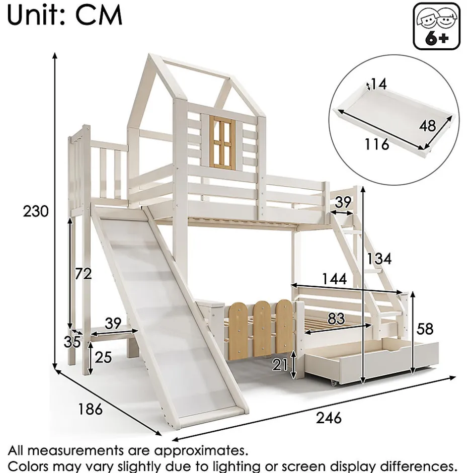 Enfant Blackcolors Lit superposé 90x200 et 140x200cm, lit mezzanine pour enfant avec tiroir, toboggan et échelle, design cabane