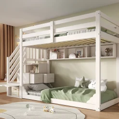 Enfant ModernLuxe Lit superposé 90x200cm avec escalier de rangement et étagères - 2 tiroirs - Bois massif+panneaux de particules - Blanc