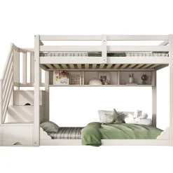Enfant ModernLuxe Lit superposé 90x200cm avec escalier de rangement et étagères - 2 tiroirs - Bois massif+panneaux de particules - Blanc