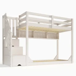 Enfant ModernLuxe Lit superposé 90x200cm avec escalier de rangement et étagères - 2 tiroirs - Bois massif+panneaux de particules - Blanc