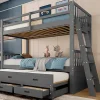 Simple Life Lit superposé 90x200cm avec lit gigogne et 3 tiroirs, pin MDF, pour enfants, sans matelas, gris Hot