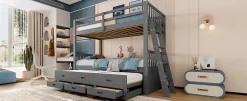 Simple Life Lit superposé 90x200cm avec lit gigogne et 3 tiroirs, pin MDF, pour enfants, sans matelas, gris Hot