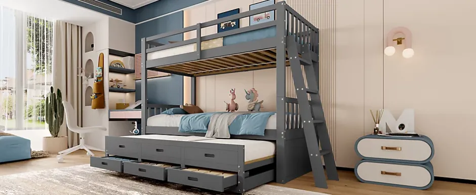 Simple Life Lit superposé 90x200cm avec lit gigogne et 3 tiroirs, pin MDF, pour enfants, sans matelas, gris Hot