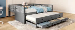 Simple Life Lit superposé 90x200cm avec lit gigogne et 3 tiroirs, pin MDF, pour enfants, sans matelas, gris Hot