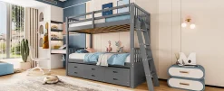 Simple Life Lit superposé 90x200cm avec lit gigogne et 3 tiroirs, pin MDF, pour enfants, sans matelas, gris Hot