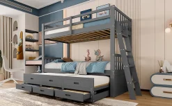 Simple Life Lit superposé 90x200cm avec lit gigogne et 3 tiroirs, pin MDF, pour enfants, sans matelas, gris Hot
