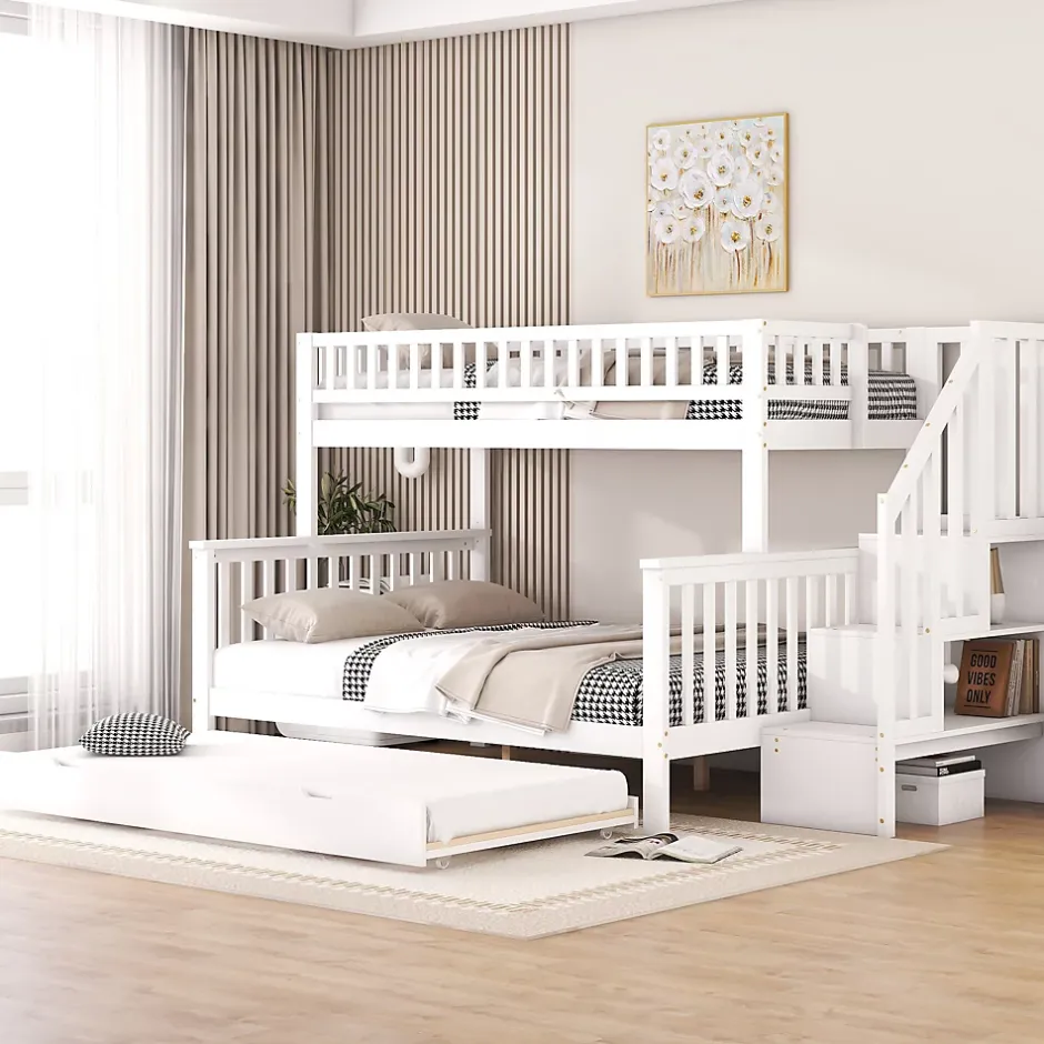 Redom Lit superposé 90x200/140x200 avec sommiers inclus et tiroir gigogne, échelle à rangements, en pin massif blanc Online