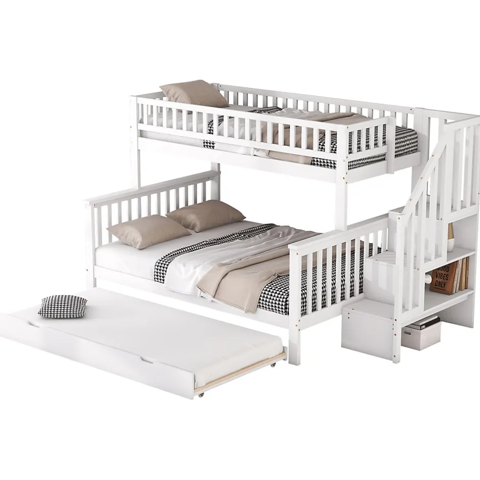 Redom Lit superposé 90x200/140x200 avec sommiers inclus et tiroir gigogne, échelle à rangements, en pin massif blanc Online