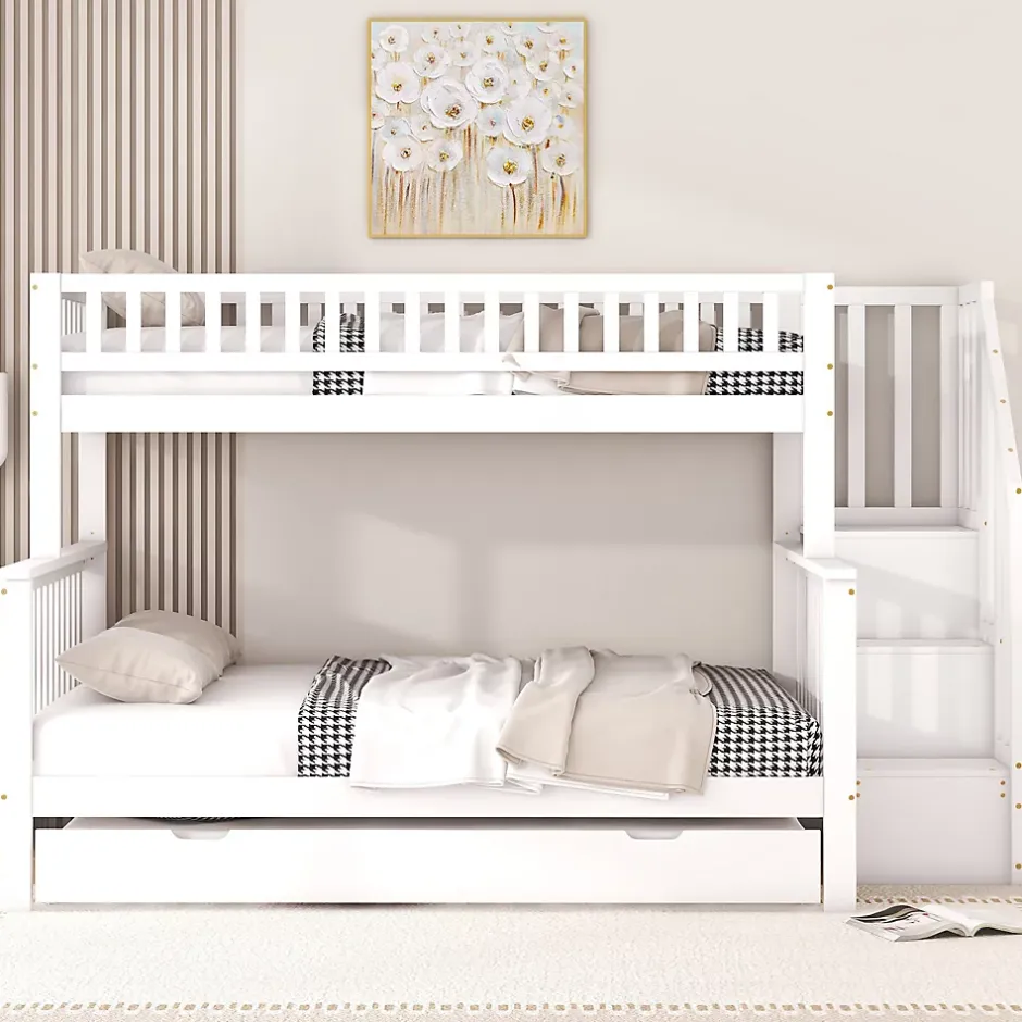 Redom Lit superposé 90x200/140x200 avec sommiers inclus et tiroir gigogne, échelle à rangements, en pin massif blanc Online