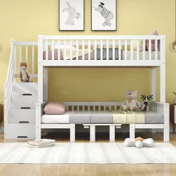 Enfant Redom Lit superposé 90x200/120x200 avec table rabattable et escalier de rangement, structure bois/MDF blanc