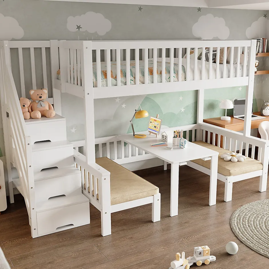 Enfant Redom Lit superposé 90x200/120x200 avec table rabattable et escalier de rangement, structure bois/MDF blanc