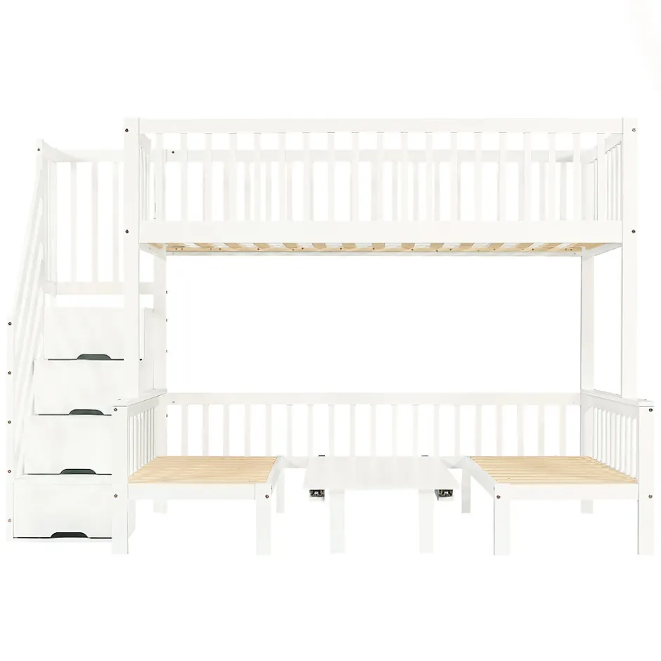 Enfant Redom Lit superposé 90x200/120x200 avec table rabattable et escalier de rangement, structure bois/MDF blanc