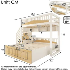 ModernLuxe Lit superposé 90x200+140x200 cm - lit inférieur avec rangement - escalier avec rangement - port USB - Blanc/Naturel (sans matelas) Discount