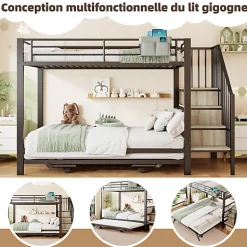 Enfant ModernLuxe Lit superposé 90x200+180x200 cm - Structure en fer - Lit gigogne - Sacs de rangement - Échelle de sécurité - Noir (sans matelas)
