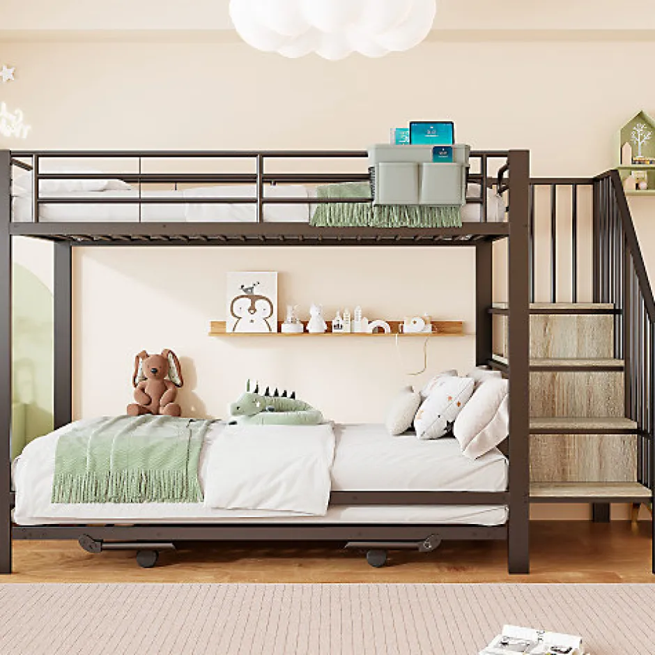 Enfant ModernLuxe Lit superposé 90x200+180x200 cm - Structure en fer - Lit gigogne - Sacs de rangement - Échelle de sécurité - Noir (sans matelas)