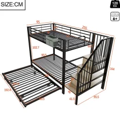 Enfant ModernLuxe Lit superposé 90x200+180x200 cm - Structure en fer - Lit gigogne - Sacs de rangement - Échelle de sécurité - Noir (sans matelas)
