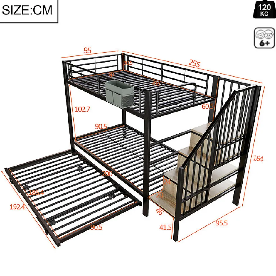 Enfant ModernLuxe Lit superposé 90x200+180x200 cm - Structure en fer - Lit gigogne - Sacs de rangement - Échelle de sécurité - Noir (sans matelas)