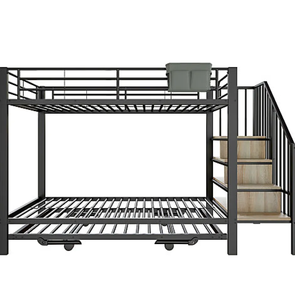 Enfant ModernLuxe Lit superposé 90x200+180x200 cm - Structure en fer - Lit gigogne - Sacs de rangement - Échelle de sécurité - Noir (sans matelas)