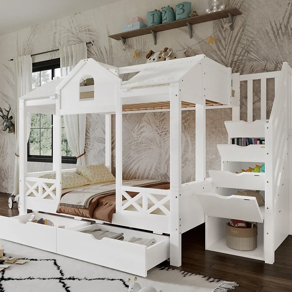Enfant Redom Lit superposé 90x200/140x200 cm avec deux tiroirs à roulettes et armoire d'escalier en bois blanc