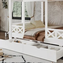 Enfant Redom Lit superposé 90x200/140x200 cm avec deux tiroirs à roulettes et armoire d'escalier en bois blanc