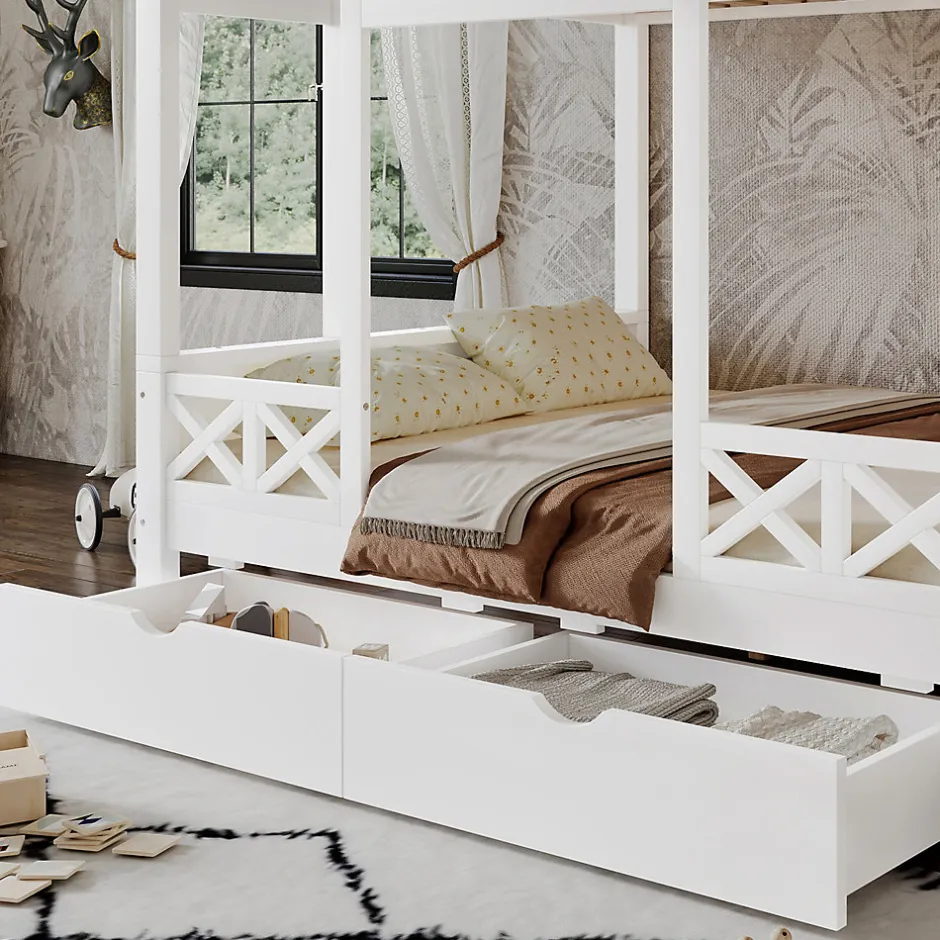 Enfant Redom Lit superposé 90x200/140x200 cm avec deux tiroirs à roulettes et armoire d'escalier en bois blanc