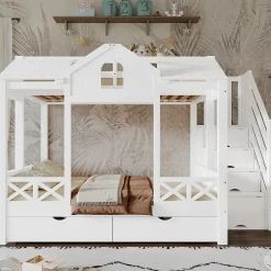 Enfant Redom Lit superposé 90x200/140x200 cm avec deux tiroirs à roulettes et armoire d'escalier en bois blanc