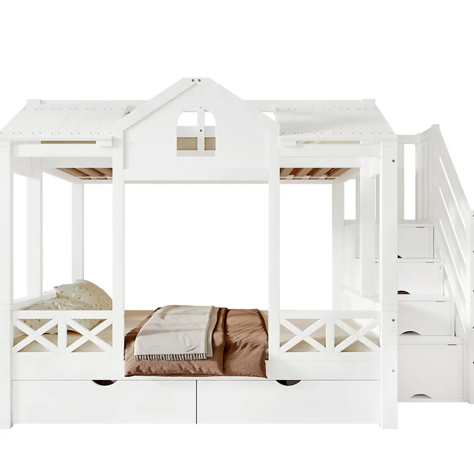 Enfant Redom Lit superposé 90x200/140x200 cm avec deux tiroirs à roulettes et armoire d'escalier en bois blanc