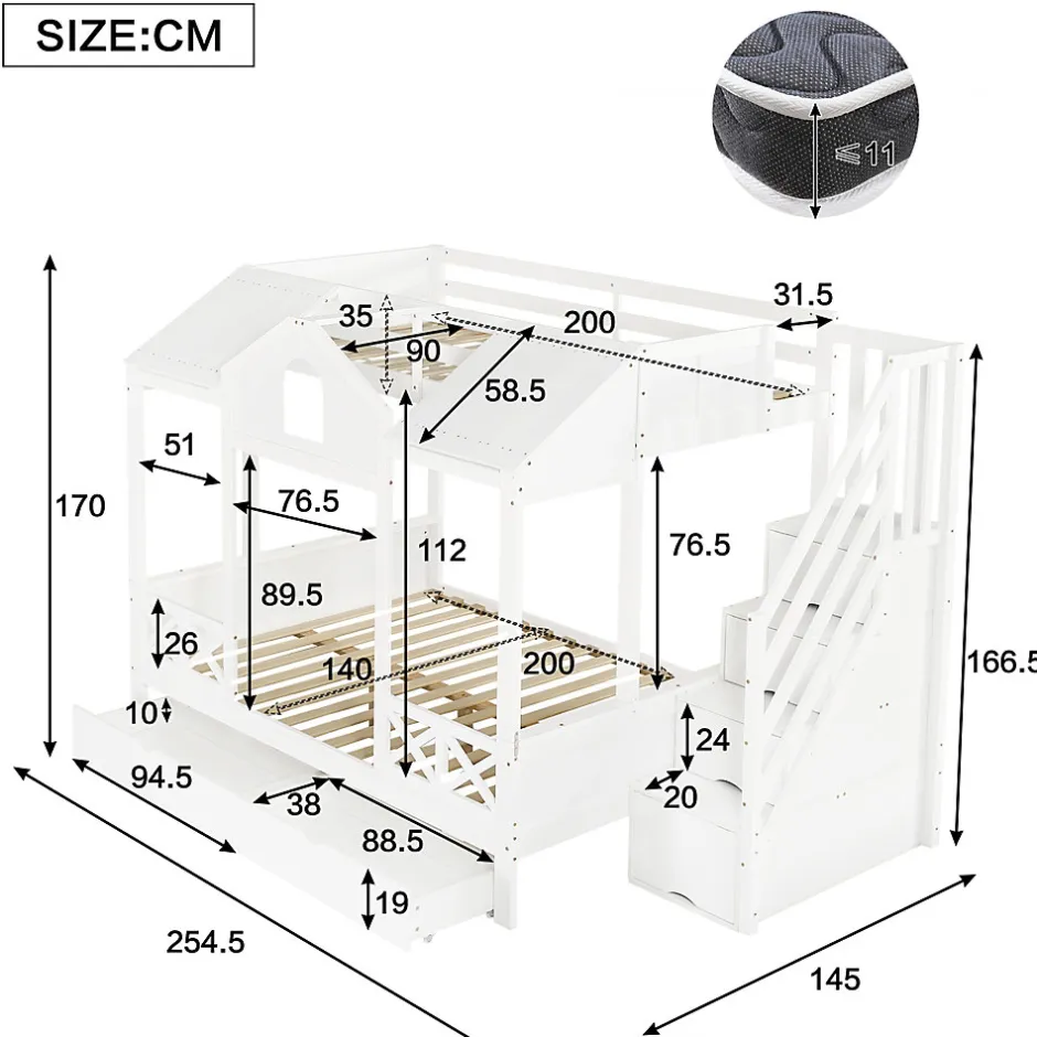 Enfant Redom Lit superposé 90x200/140x200 cm avec deux tiroirs à roulettes et armoire d'escalier en bois blanc