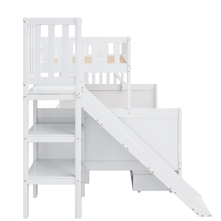 Redom Lit superposé 90x200/140x200 cm avec toboggan sécurisé, échelle de rangement et 2 tiroirs en bois blanc New