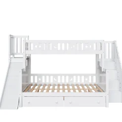 Redom Lit superposé 90x200/140x200 cm avec toboggan sécurisé, échelle de rangement et 2 tiroirs en bois blanc New