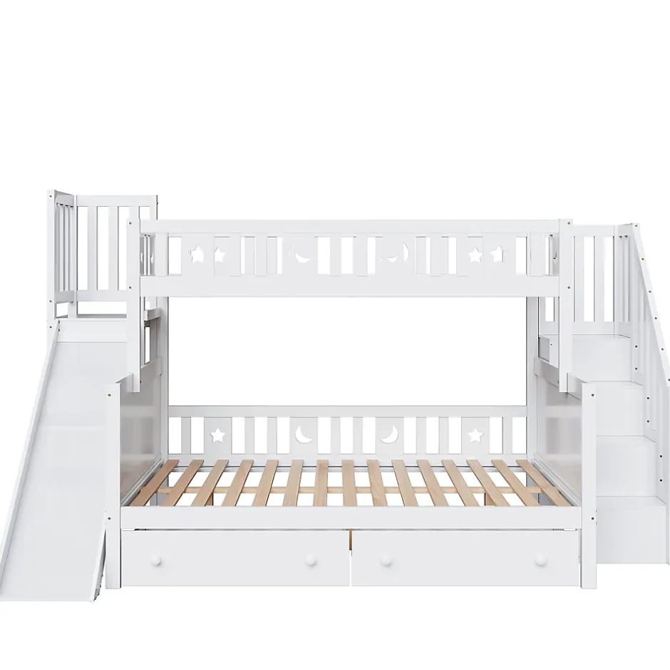Redom Lit superposé 90x200/140x200 cm avec toboggan sécurisé, échelle de rangement et 2 tiroirs en bois blanc New