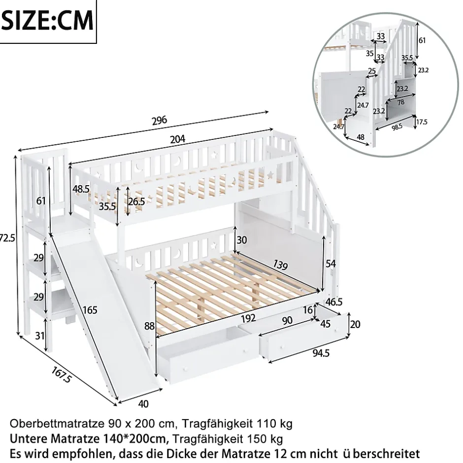 Redom Lit superposé 90x200/140x200 cm avec toboggan sécurisé, échelle de rangement et 2 tiroirs en bois blanc New