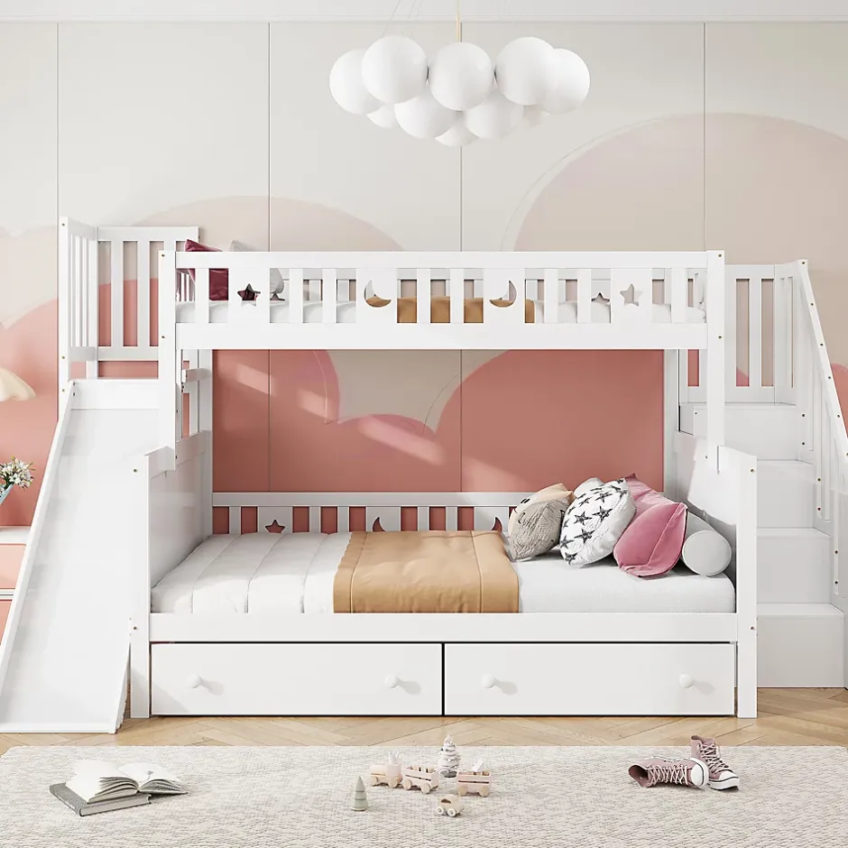 Redom Lit superposé 90x200/140x200 cm avec toboggan sécurisé, échelle de rangement et 2 tiroirs en bois blanc New